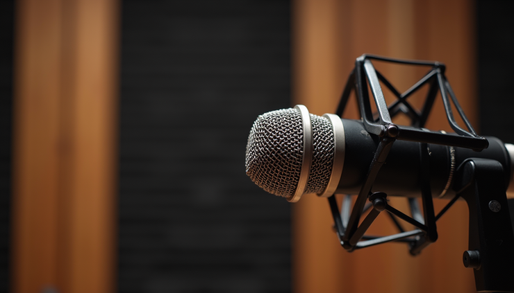 Close-up view of a recording studio microphone with soundproof walls