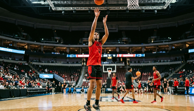 Eye-level view of a Georgia basketball player taking a jump shot in warmups