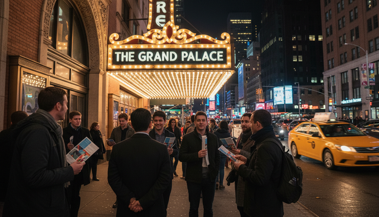 Eye-level view of a Broadway theater entrance with warm marquee lights and people arriving for an evening show