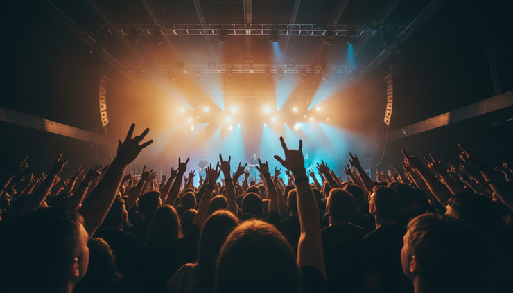 Low-angle view of a crowd facing bright lights at a heavy rock concert.