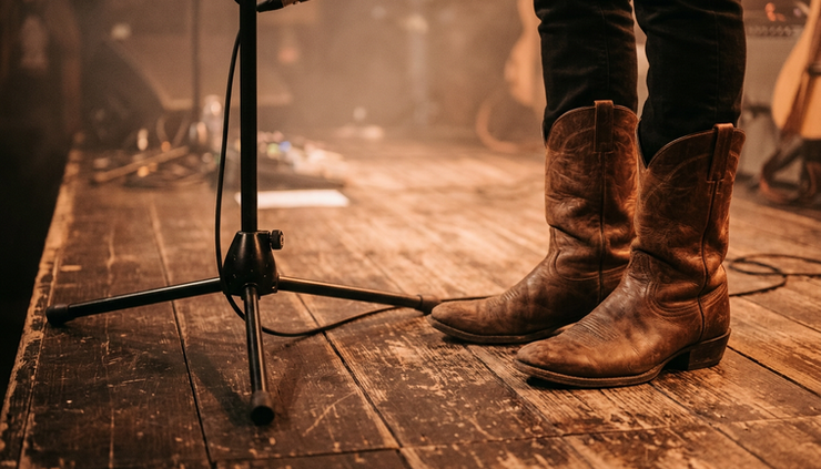 Low-angle view of cowboy boots beside a microphone stand on a wooden stage.