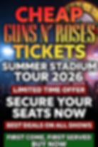 Concert poster for Guns N’ Roses tickets, Summer Stadium Tour 2026, with bold red and yellow text over crowd and stage lights.