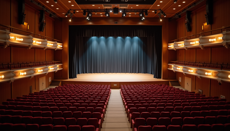 High angle view of Ryman Auditorium stage with empty seats