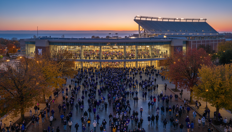 High-angle view of a modern college football stadium entrance with fans in purple arriving at dusk.