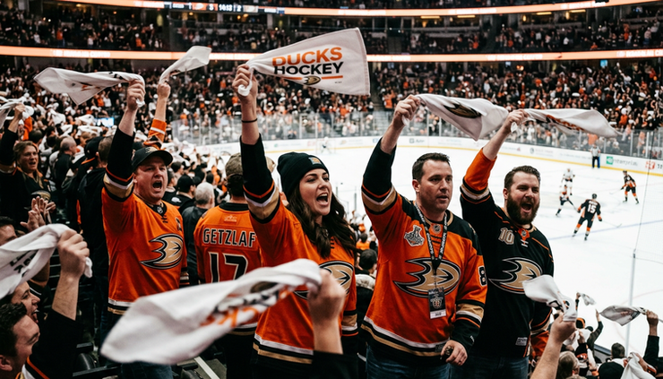 Close-up view of Anaheim Ducks fans waving towels during a playoff game