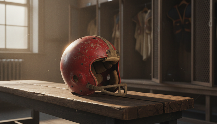 Eye-level view of an old red football helmet without a logo on a wooden locker room bench.