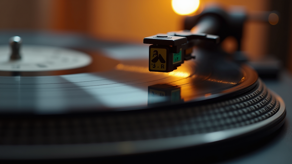 Close-up view of a vinyl record spinning on a turntable