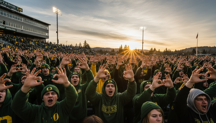 Low-angle view of Oregon fans making the O hand sign during a sunset game
