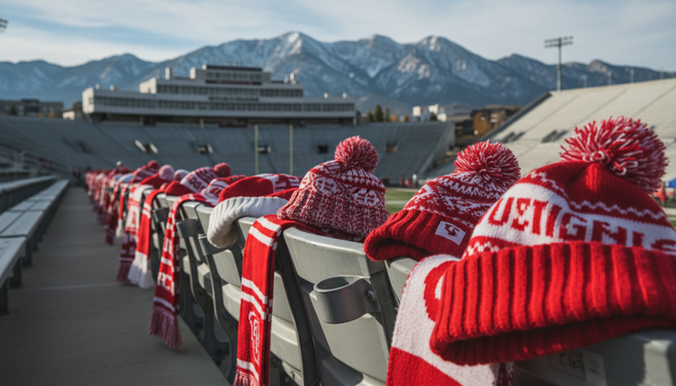Close-up view of red and white fan scarves draped over stadium seats before kickoff.