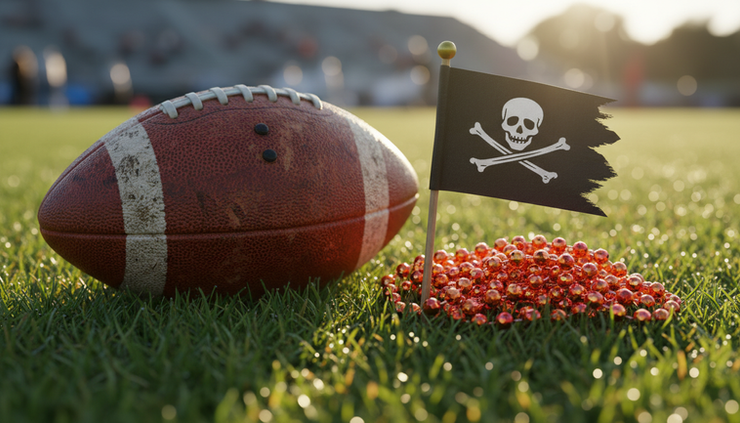 Close-up view of a football resting on grass near orange and red fan beads.
