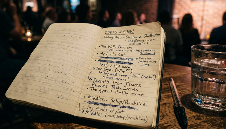 Close-up of handwritten comedy notes beside a capped pen and a half-full glass of water