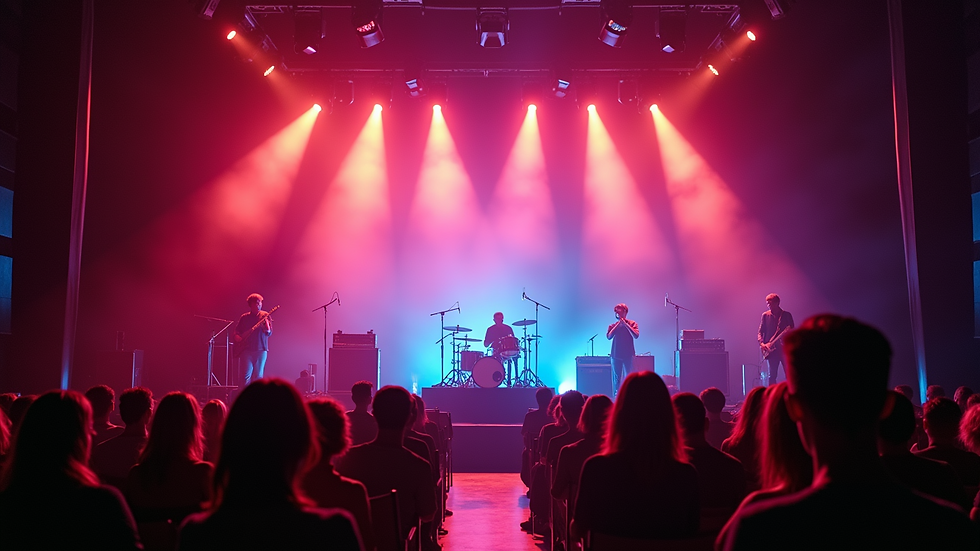 Eye-level view of a concert stage with vibrant lighting