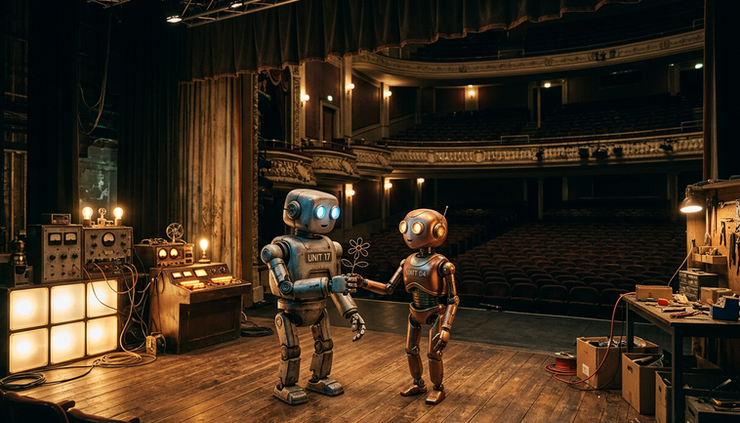 Wide-angle view of two small helper robots standing in a softly lit theater set