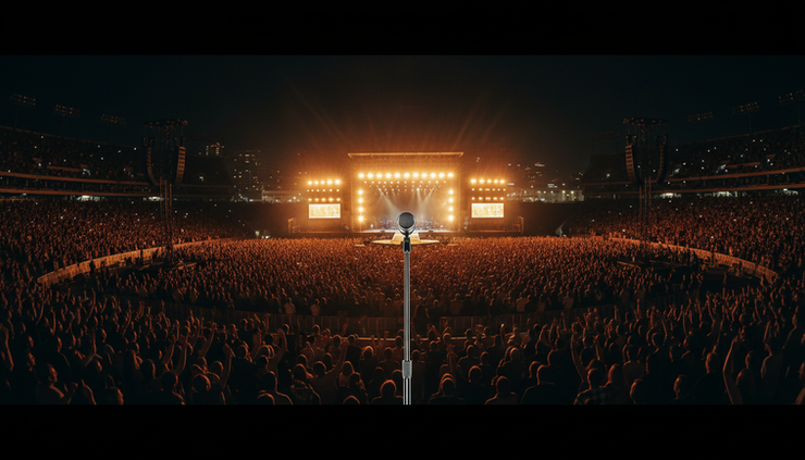 Wide-angle view of a large outdoor stadium stage glowing under night lights