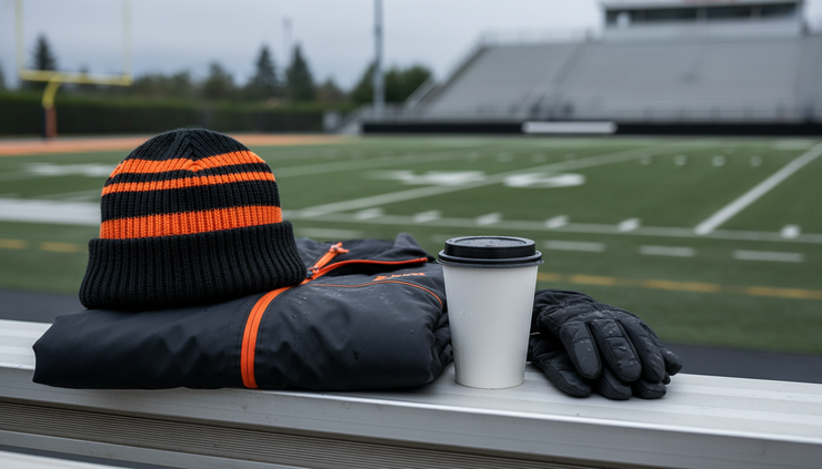 Close-up view of orange and black cold-weather fan gear on a stadium bench before kickoff.