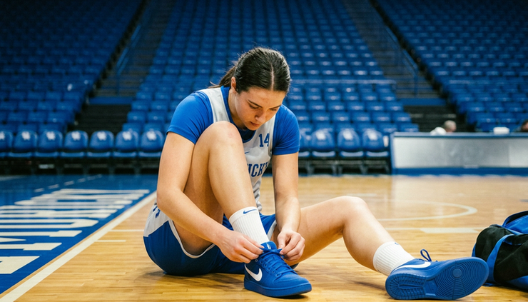 Close-up view of a basketball player tying blue sneakers on a hardwood court.