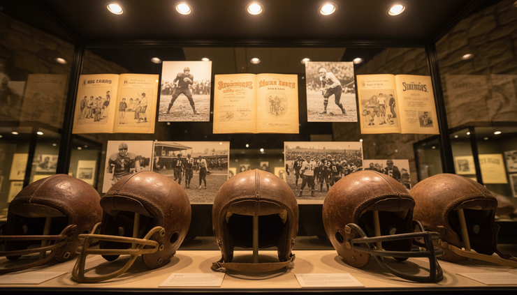 Low-angle view of football helmets and old programs displayed in a sports history exhibit.