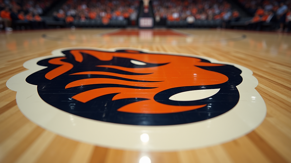 High angle view of the Oregon State Beavers logo on the court