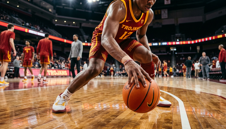 Close-up of a college basketball player dribbling on a polished hardwood court