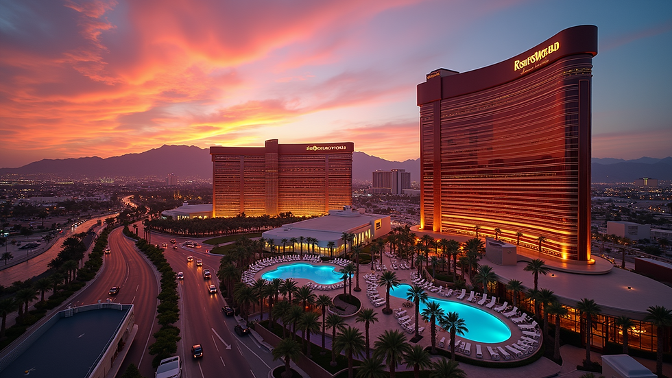 Wide angle view of Resorts World Las Vegas at sunset