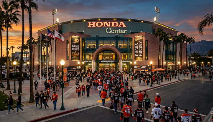 Wide-angle view of Honda Center before an Anaheim Ducks game
