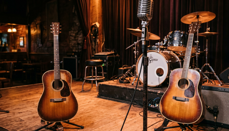 Close-up of a vintage microphone on a small country music stage with warm amber lights.