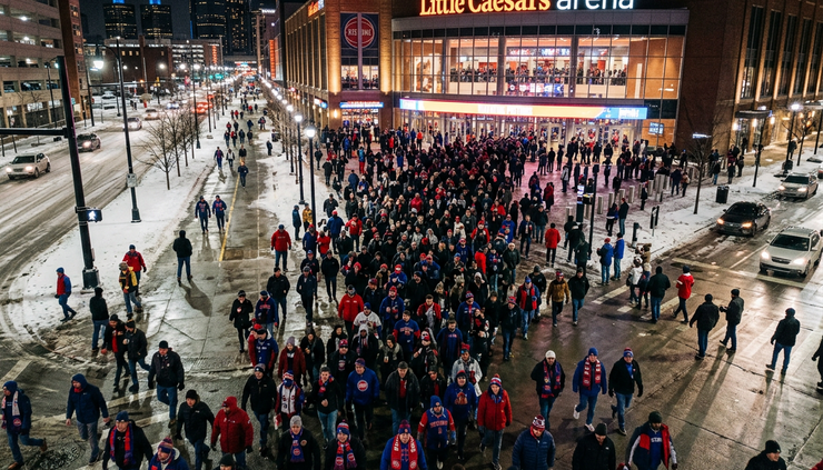Overhead view of fans walking toward a Detroit basketball arena at night.