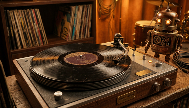 Eye-level view of a vintage jazz record spinning on a small player under stage light