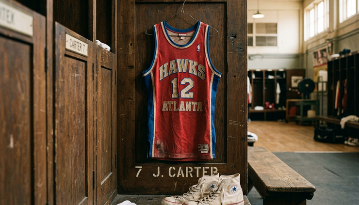 Eye-level view of a retro basketball jersey hanging in a locker room.