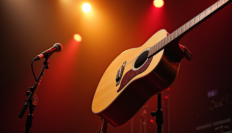 Close-up view of Dolly Parton’s signature guitar on stage