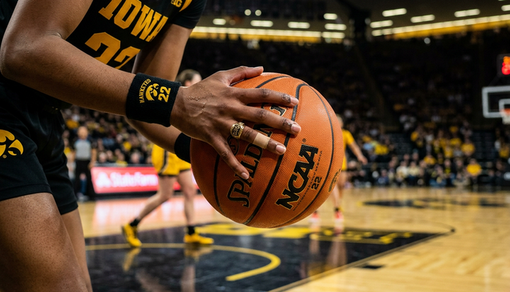 Close-up of an Iowa basketball player’s hands gripping a ball on the hardwood