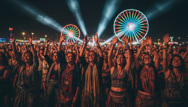 Eye-level view of fans watching a nighttime festival performance.