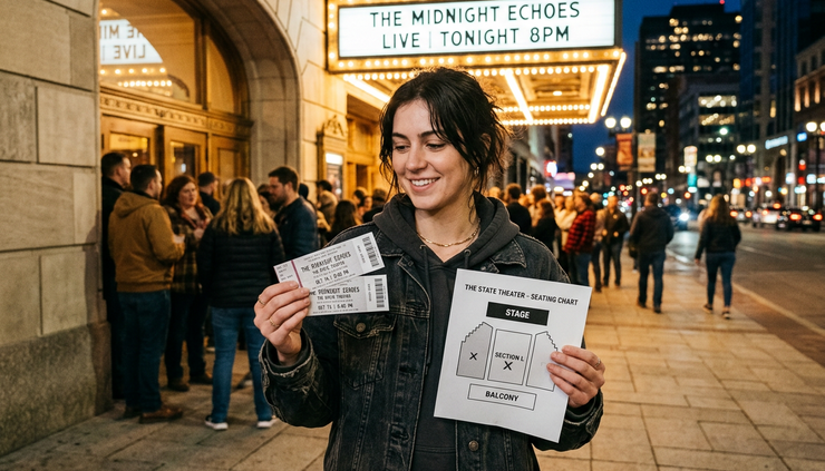 Eye-level view of a concert seating chart held over venue tickets.