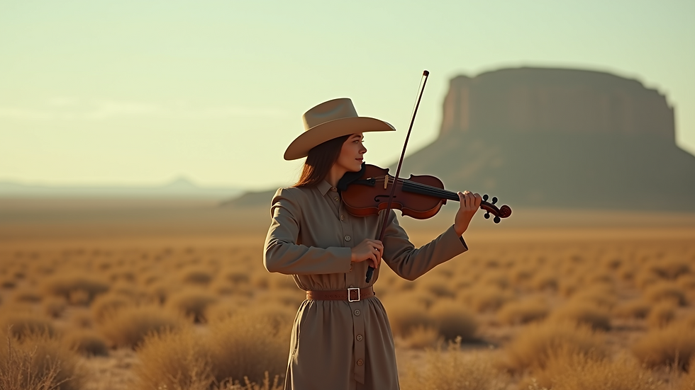 Eye-level view of a violinist in a Wild West setting