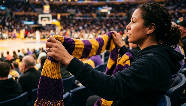 Close-up view of a purple and gold basketball scarf held by a fan in arena seats.
