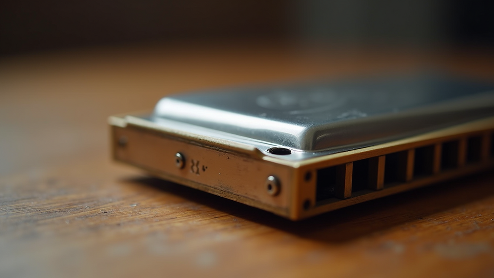Close-up view of a harmonica resting on a wooden surface