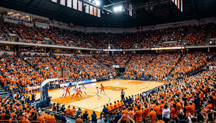 Wide-angle view of a packed college basketball arena glowing in orange light.