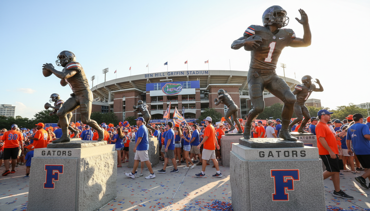 Low-angle view of Heisman statues outside Ben Hill Griffin Stadium.