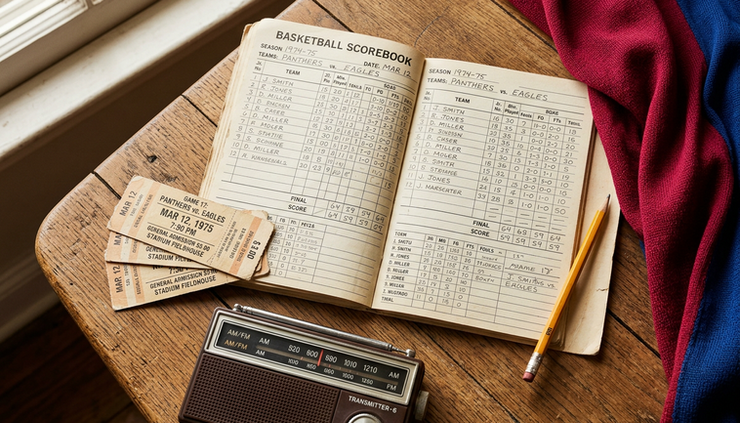 Overhead view of a basketball scorebook, ticket stubs, and a radio near crimson fabric