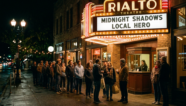 Eye-level view of a small theater marquee glowing at night above a line of waiting fans