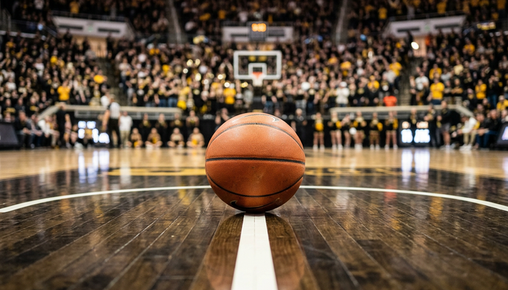 Low-angle view of a basketball resting on a hardwood court before tipoff.