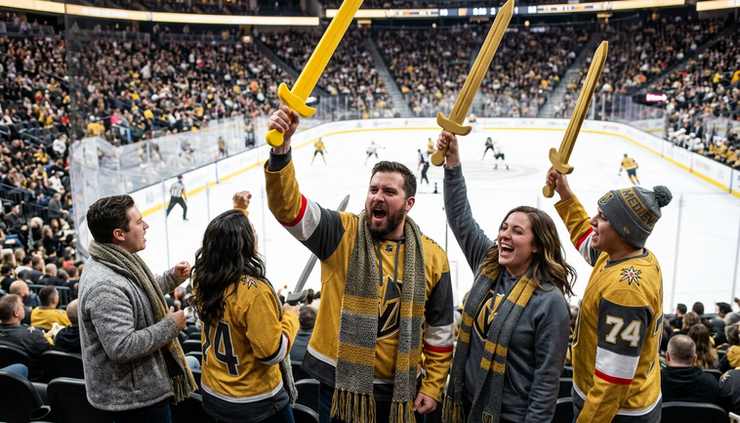 Eye-level view of hockey fans in gold clothing cheering in arena seats.
