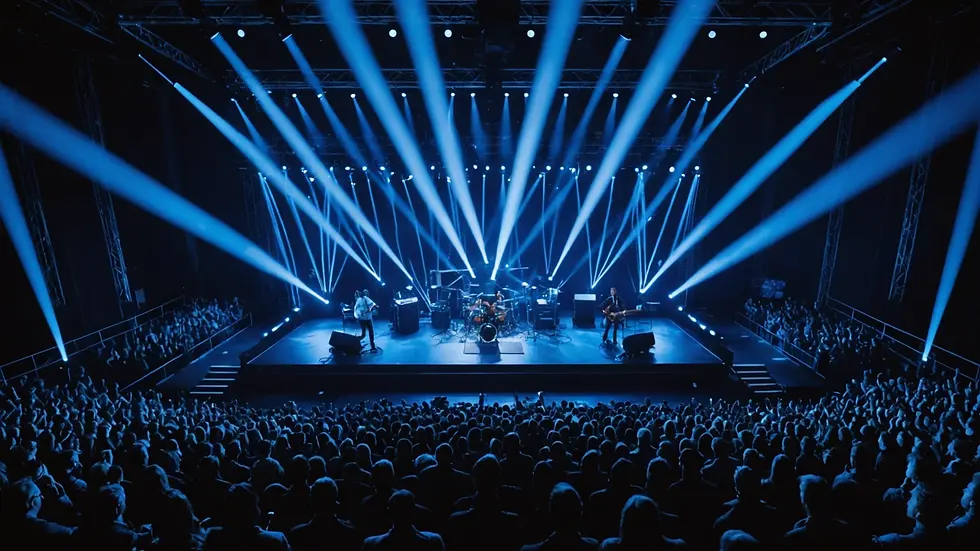 High angle view of a concert stage illuminated with blue lights