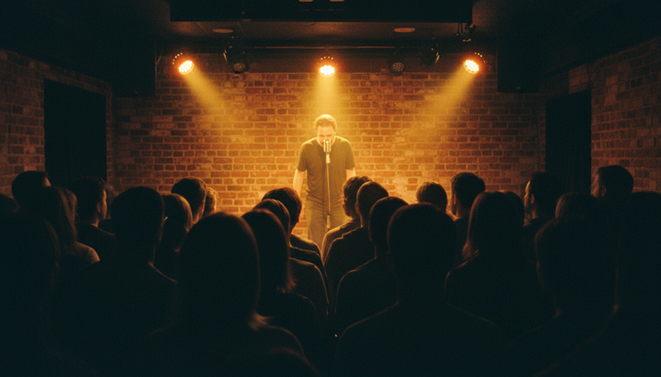 Rear view of an audience watching a comedian under warm stage lights.