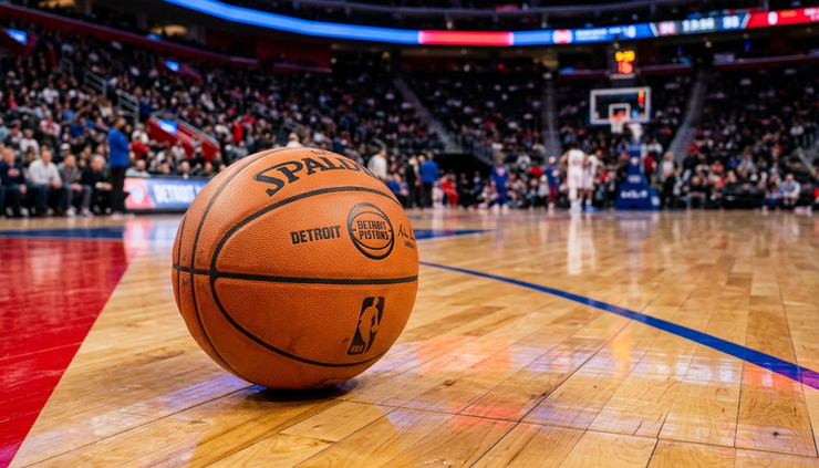 Close-up view of a basketball resting on a hardwood court in Detroit team colors.