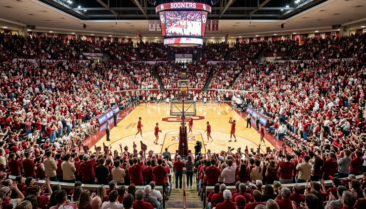 Wide-angle view of a college basketball arena before an Oklahoma Sooners home game