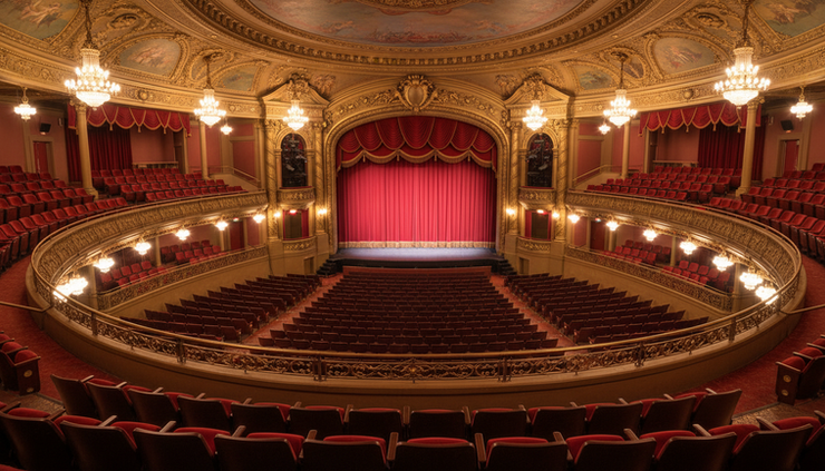 Balcony view of an ornate theater auditorium before a touring musical performance.