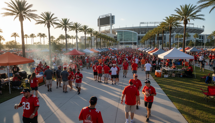 Eye-level view of football fans wearing red and orange outside a Tampa stadium before kickoff.