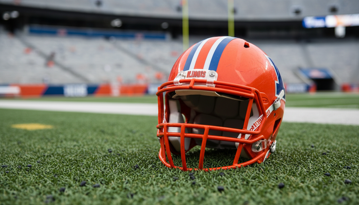 Close-up view of an orange Illinois football helmet resting on turf.