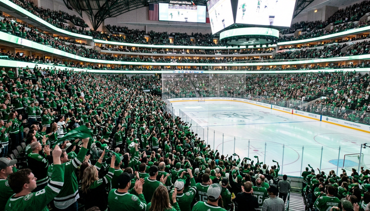 Wide-angle view of Dallas Stars fans filling the lower bowl before puck drop